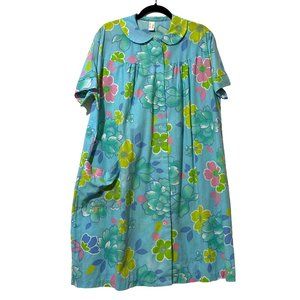 Vintage FigurFit size L blue floral short sleeve housecoat robe housedress FLAW